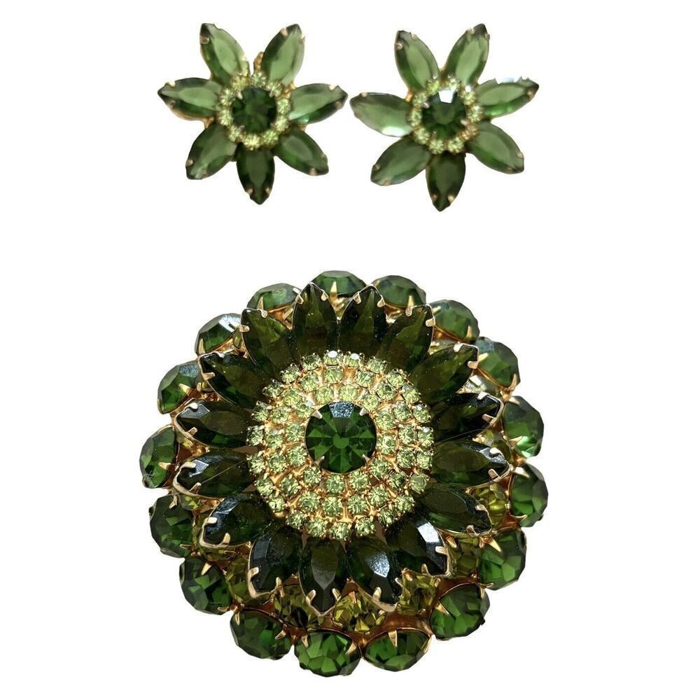 Juliana D&E Emerald Lime Green Rhinestone Brooch Earring Set 5 Tier Prong Set